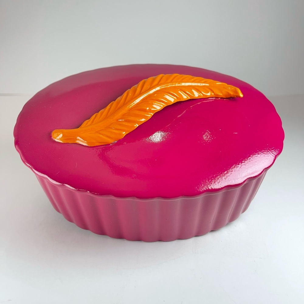 Vintage painted ceramic trinket bowl with feather